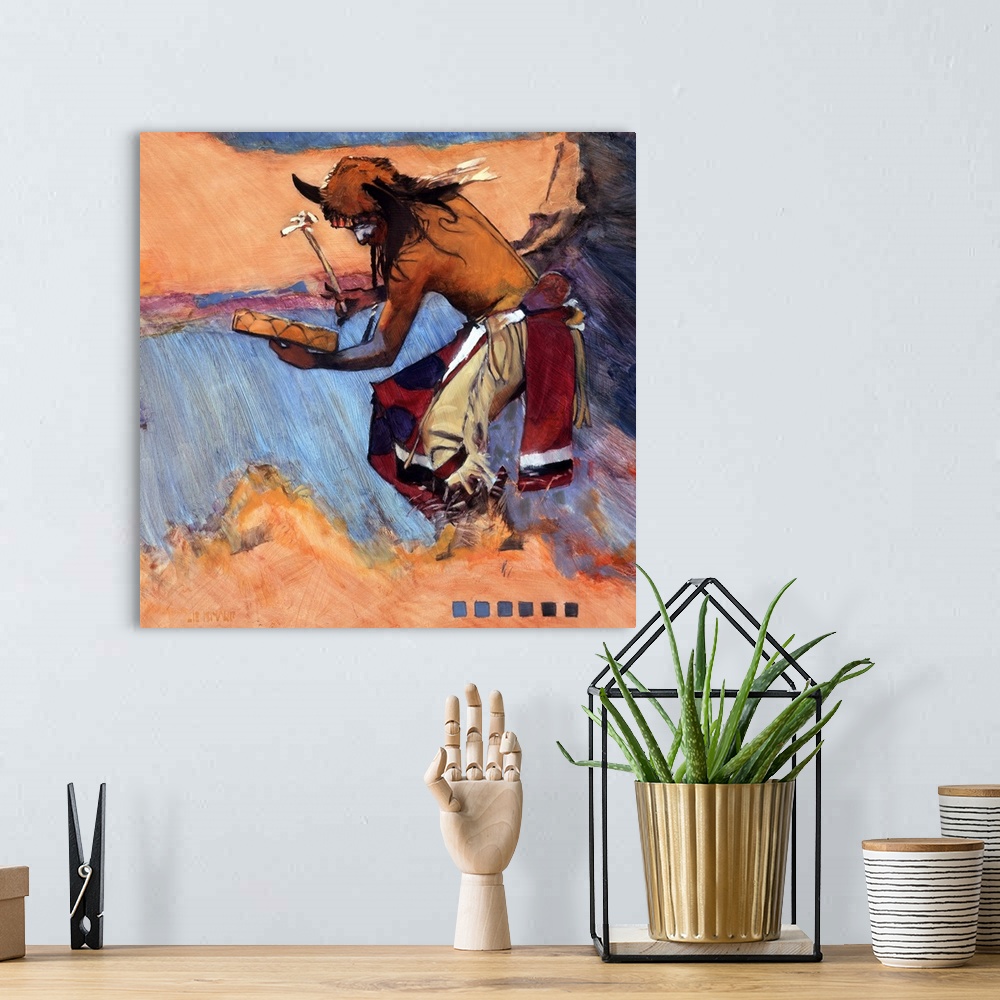 A bohemian room featuring Contemporary western theme painting of a native American in traditional and ceremonial dress.