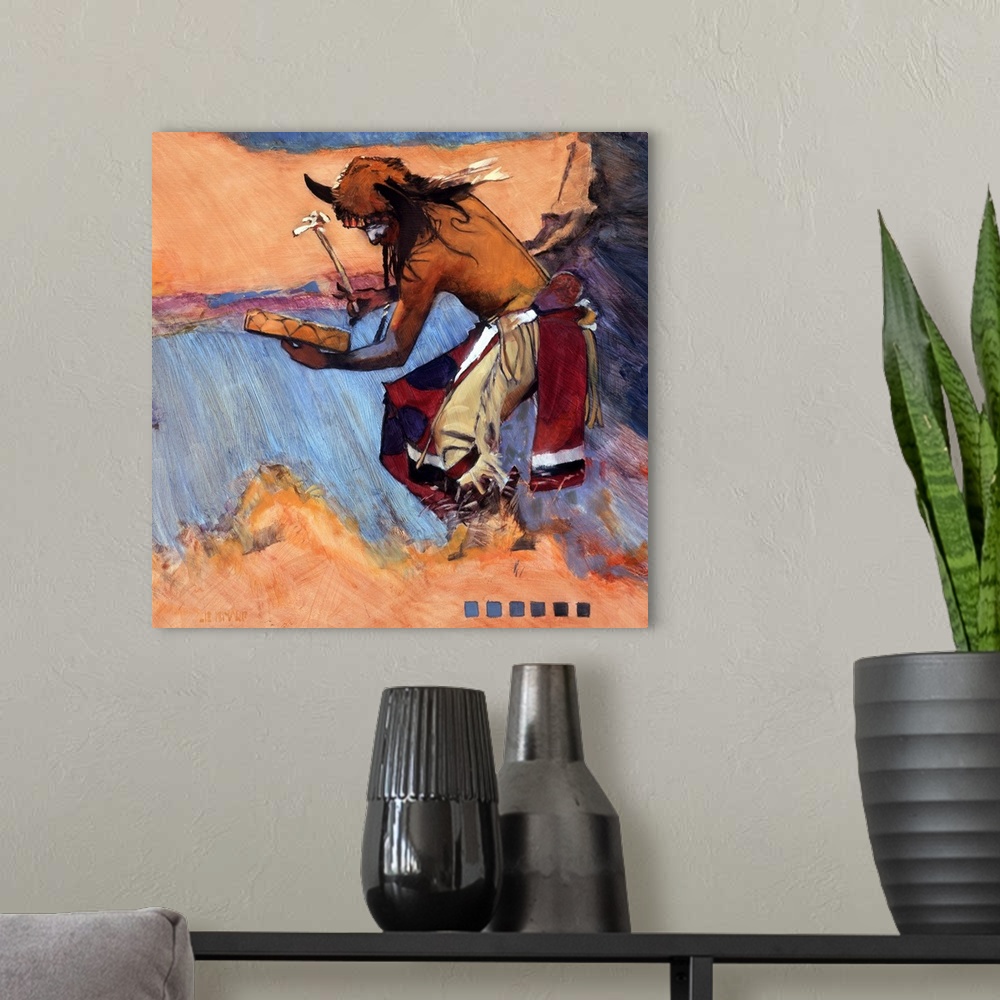 A modern room featuring Contemporary western theme painting of a native American in traditional and ceremonial dress.