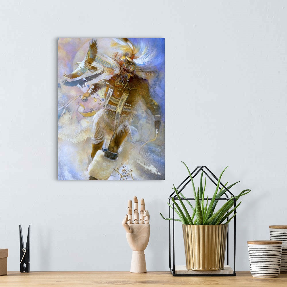 A bohemian room featuring A contemporary painting of a Native American tribesman performing ceremonial dance.