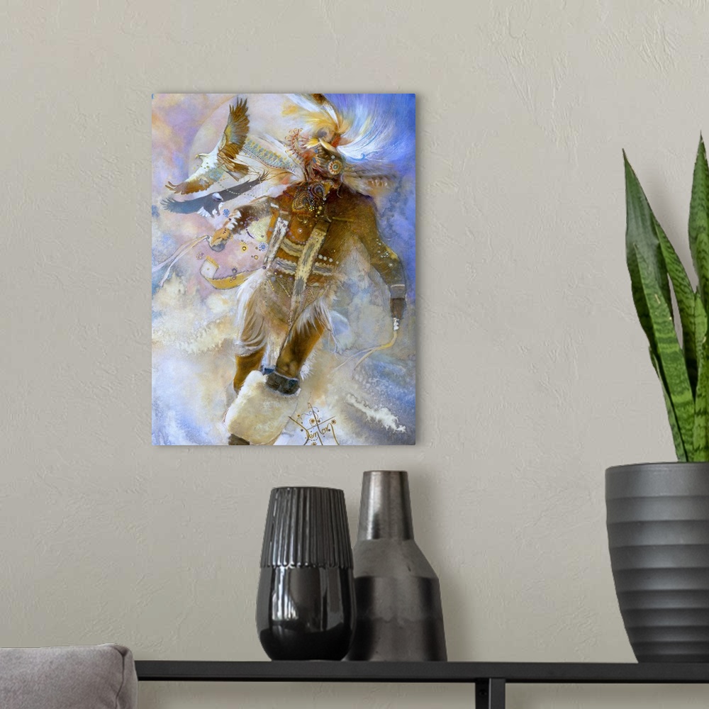 A modern room featuring A contemporary painting of a Native American tribesman performing ceremonial dance.