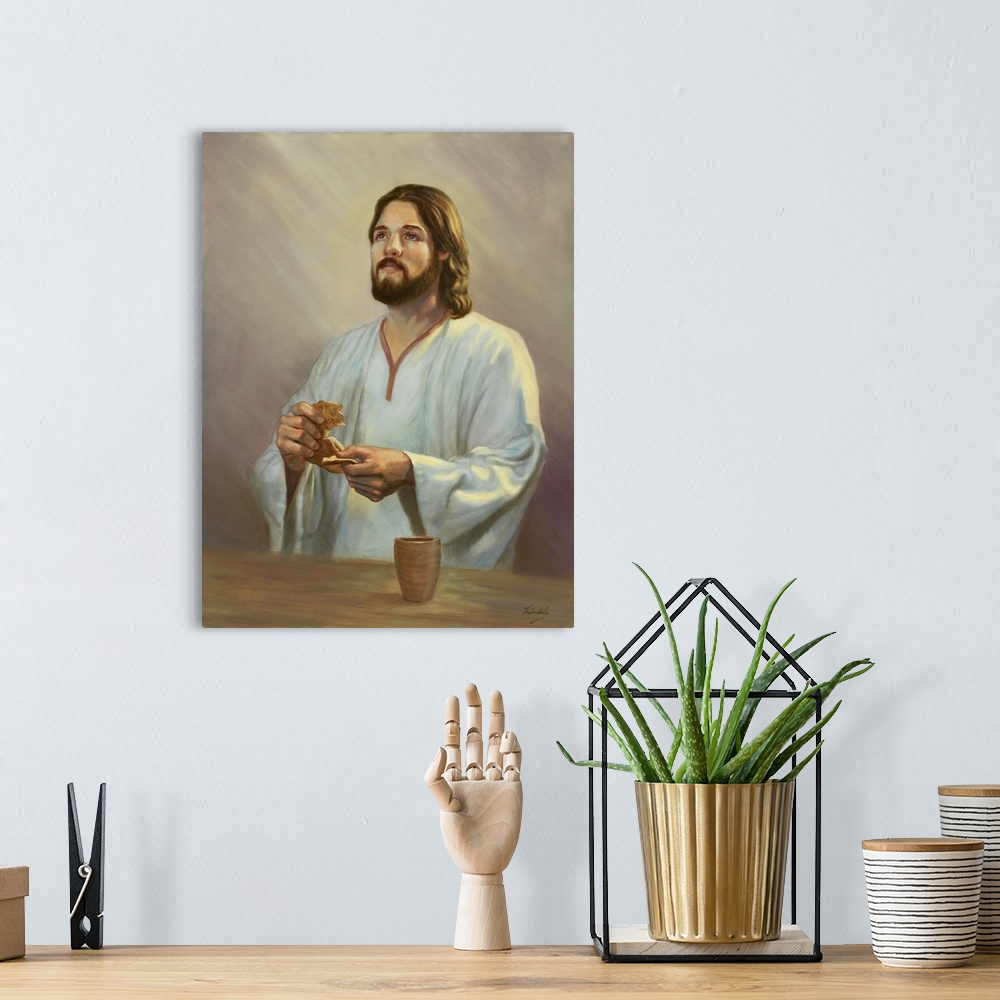 A bohemian room featuring Jesus holding bread.