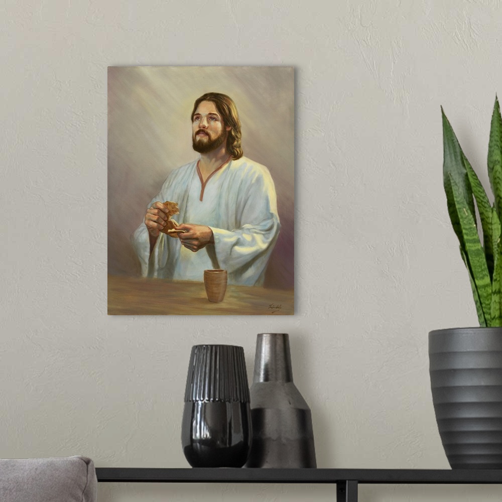 A modern room featuring Jesus holding bread.