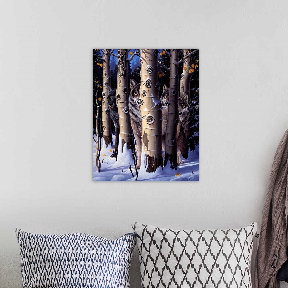A bohemian room featuring A pack of wolves in winter trees