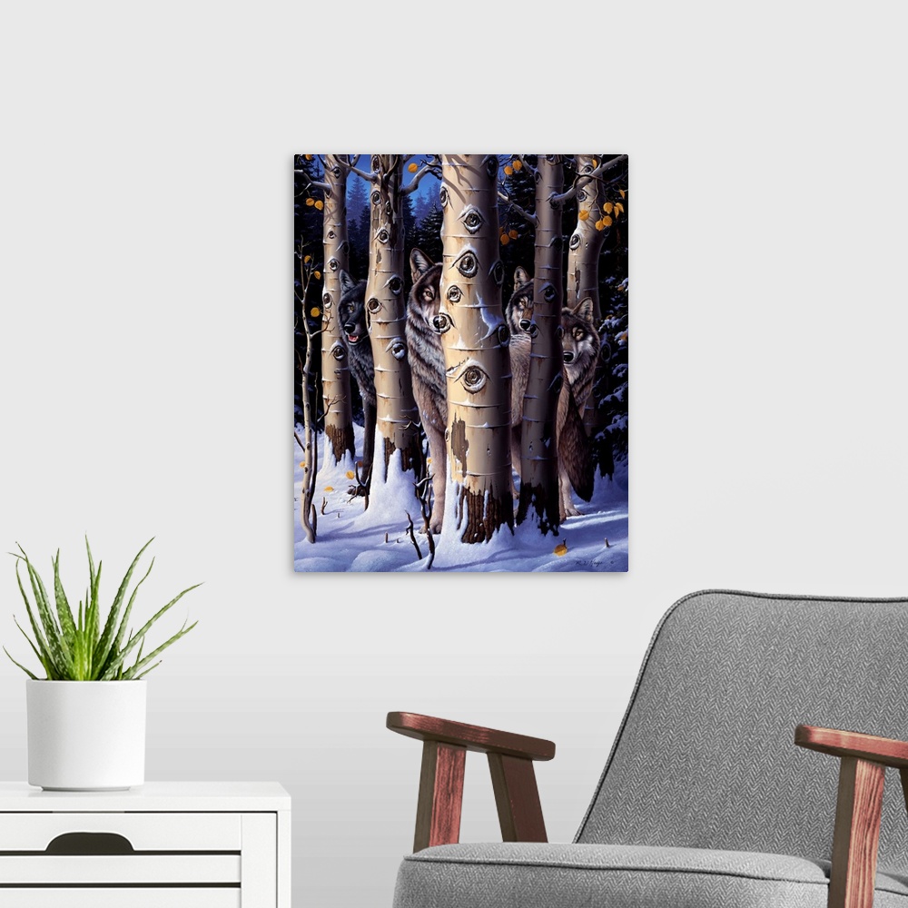 A modern room featuring A pack of wolves in winter trees
