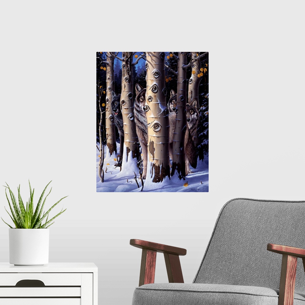 A modern room featuring A pack of wolves in winter trees
