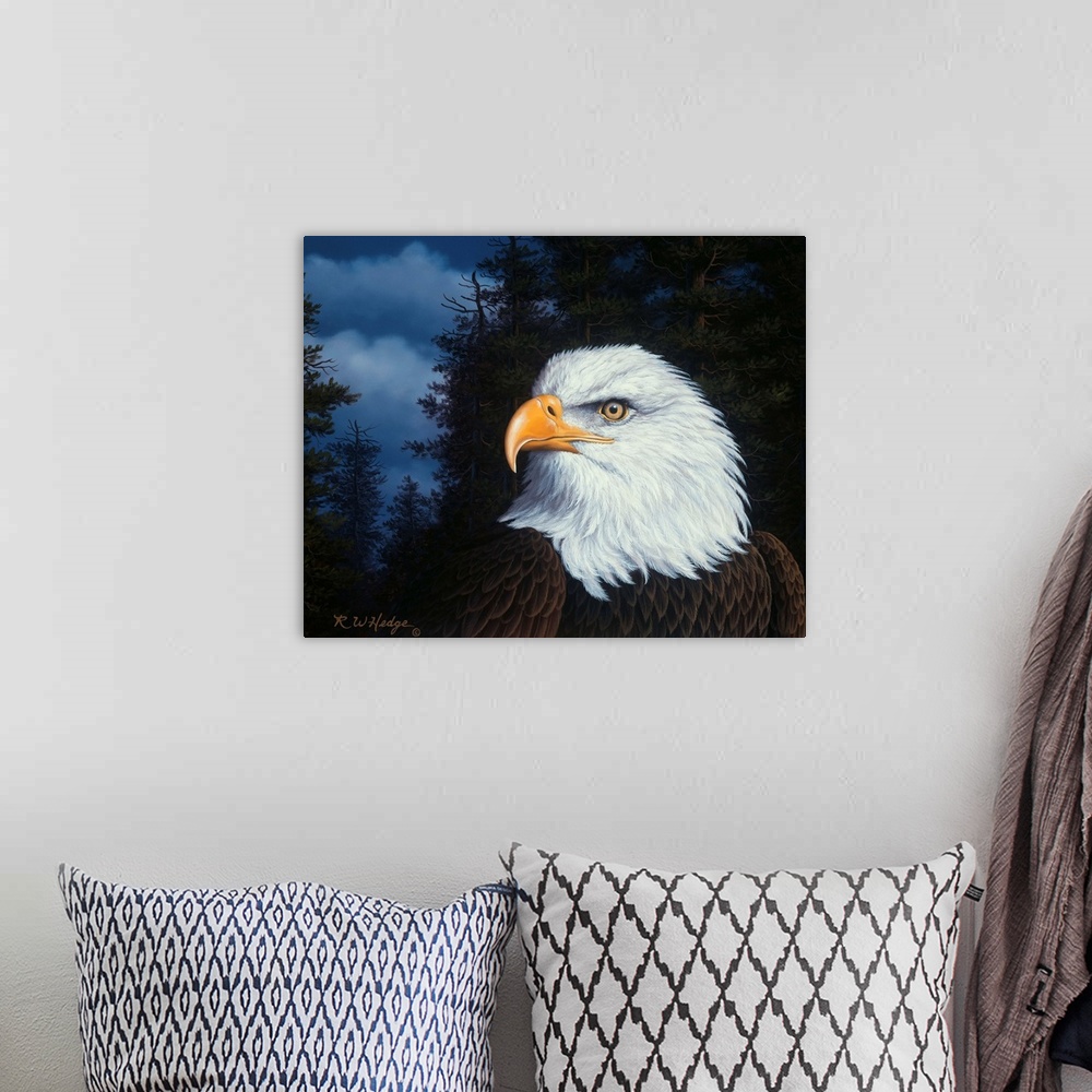 A bohemian room featuring An eagle in profile.