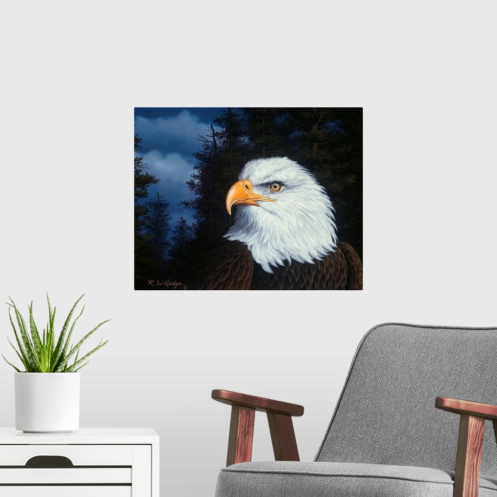 A modern room featuring An eagle in profile.