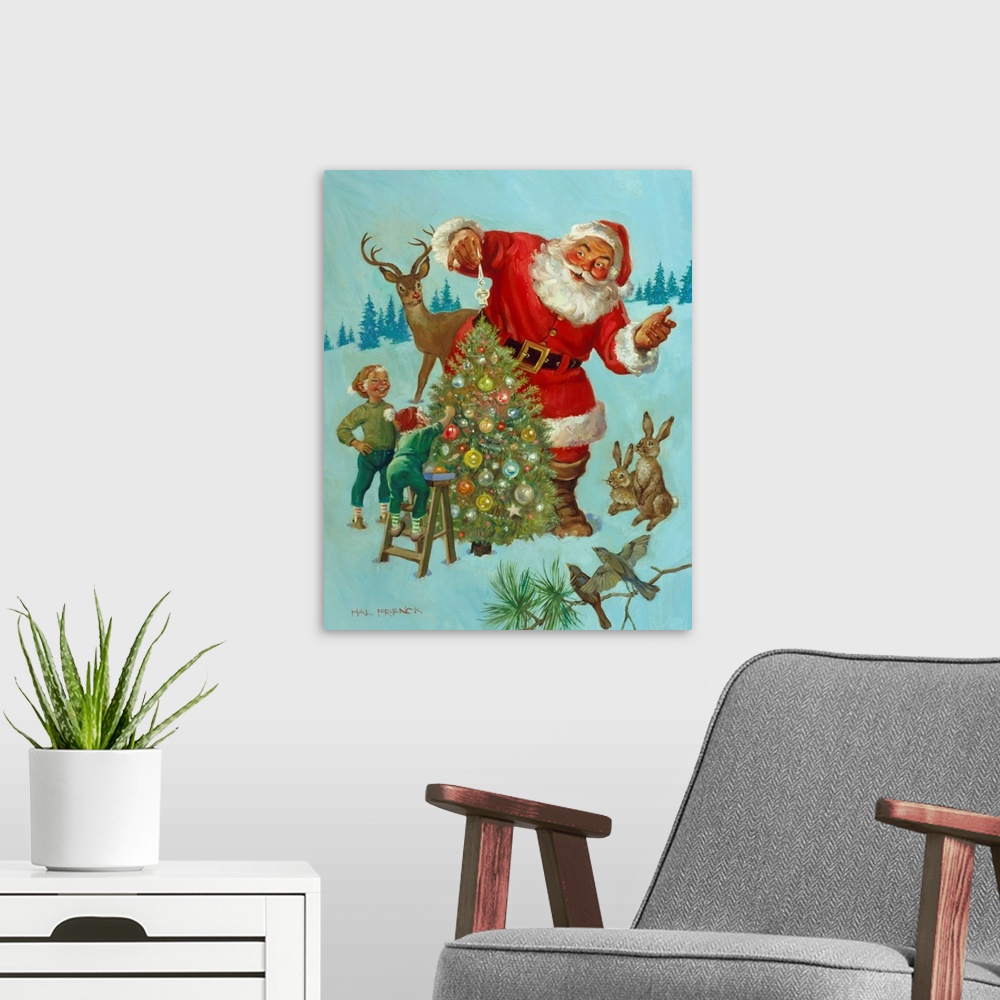 A modern room featuring Santa and his elves decorating the christmas tree while the deer, rabbits, and birds gather around