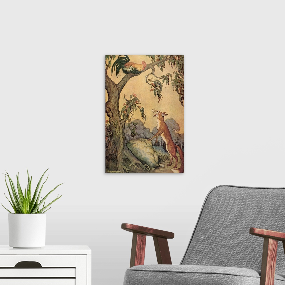 A modern room featuring A vintage illustration of a fox looking at a rooster sitting up in a tree.