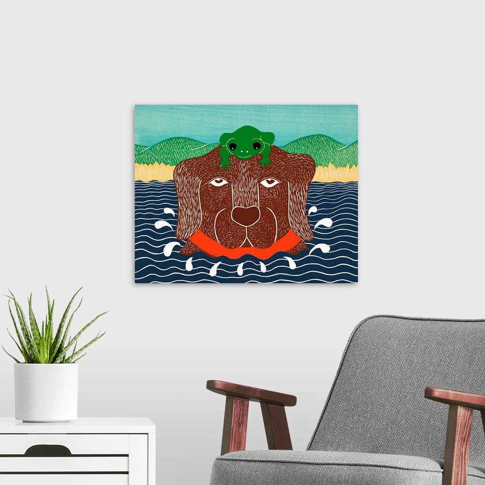 A modern room featuring Illustration of a chocolate lab in the water with a green frog on its head.