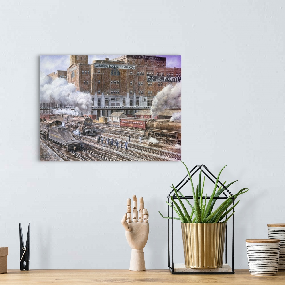 A bohemian room featuring Contemporary painting of a rail yard, with large clouds of smoke billowing from the train stacks.
