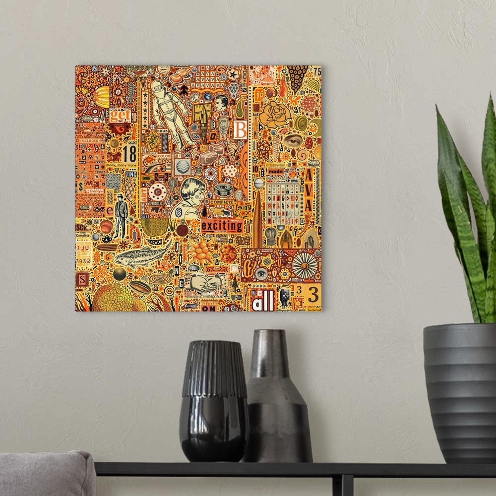 A modern room featuring Mixed media abstract art with hundreds of found elements, including text, illustrations, and symb...