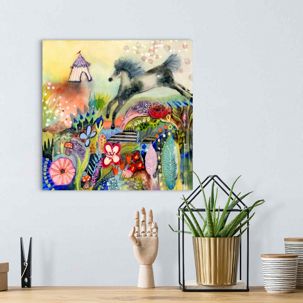 A bohemian room featuring A grey horse running through a field of colorful flowers.