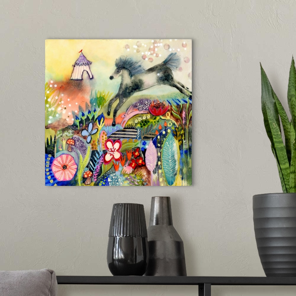 A modern room featuring A grey horse running through a field of colorful flowers.