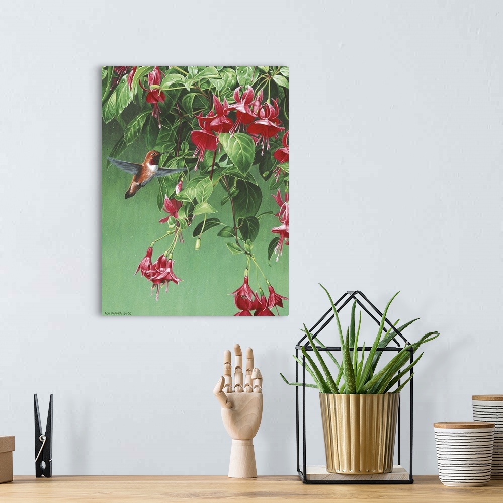 A bohemian room featuring A humming bird flying in front of a fuchsia.