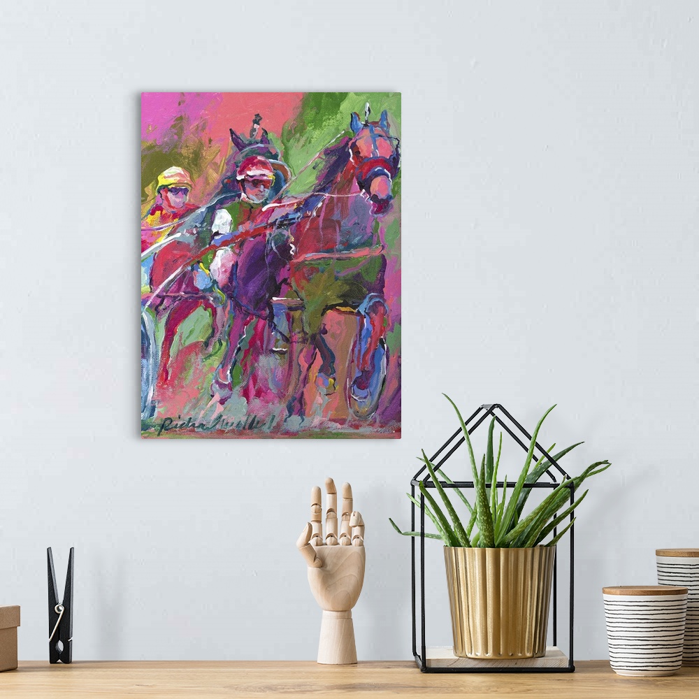 A bohemian room featuring Contemporary colorful painting of jockeys racing horse cart