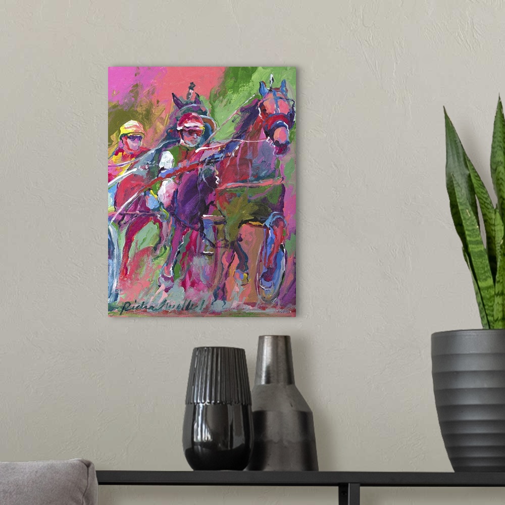 A modern room featuring Contemporary colorful painting of jockeys racing horse cart