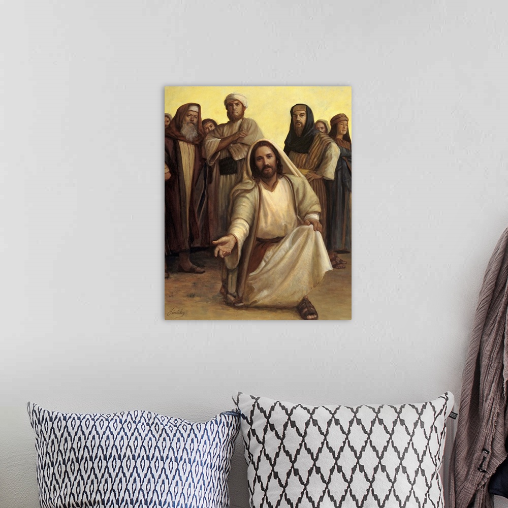 A bohemian room featuring Jesus kneeling on the ground with his hand out as a group of men stand behind him.