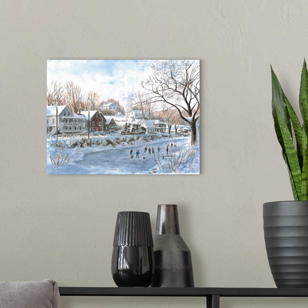 A modern room featuring Contemporary painting of an idyllic American scene of children playing in the snow in winter.