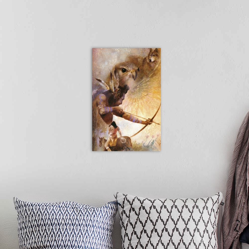 A bohemian room featuring A contemporary painting of a Native American man pulling back on a bow about to release an arrow,...