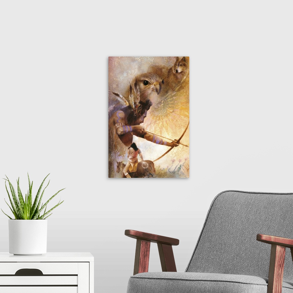 A modern room featuring A contemporary painting of a Native American man pulling back on a bow about to release an arrow,...