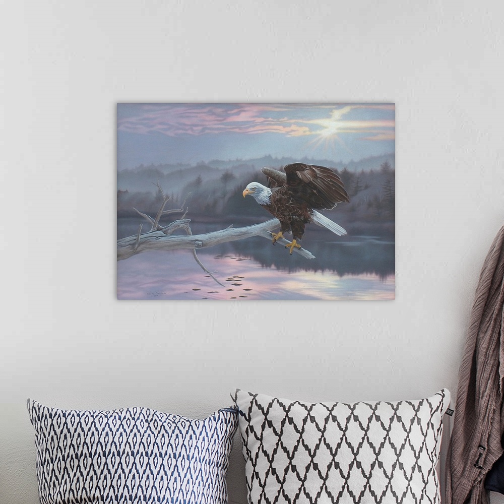 A bohemian room featuring Bald eagle perched on a tree branch, against an idyllic wilderness scene.