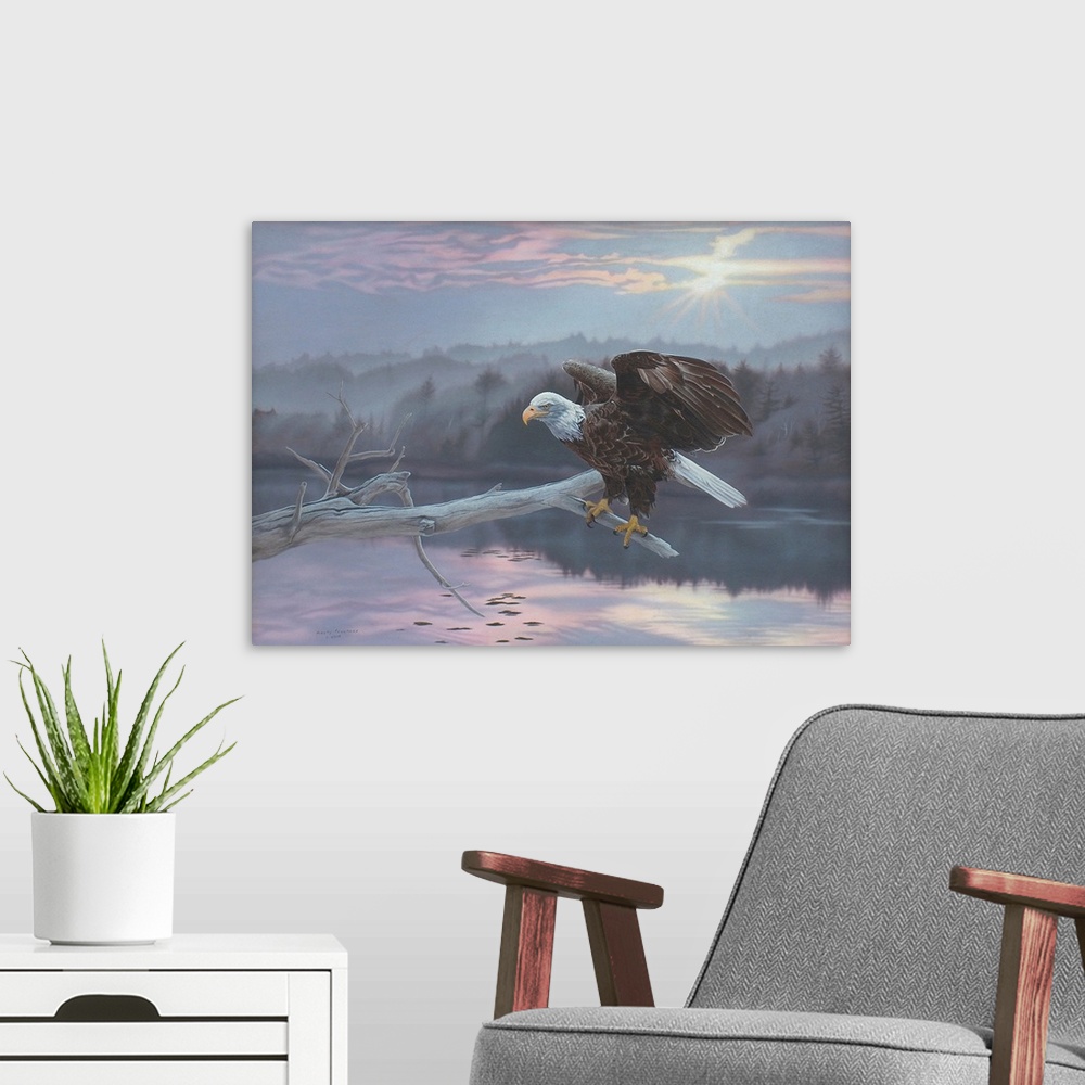 A modern room featuring Bald eagle perched on a tree branch, against an idyllic wilderness scene.