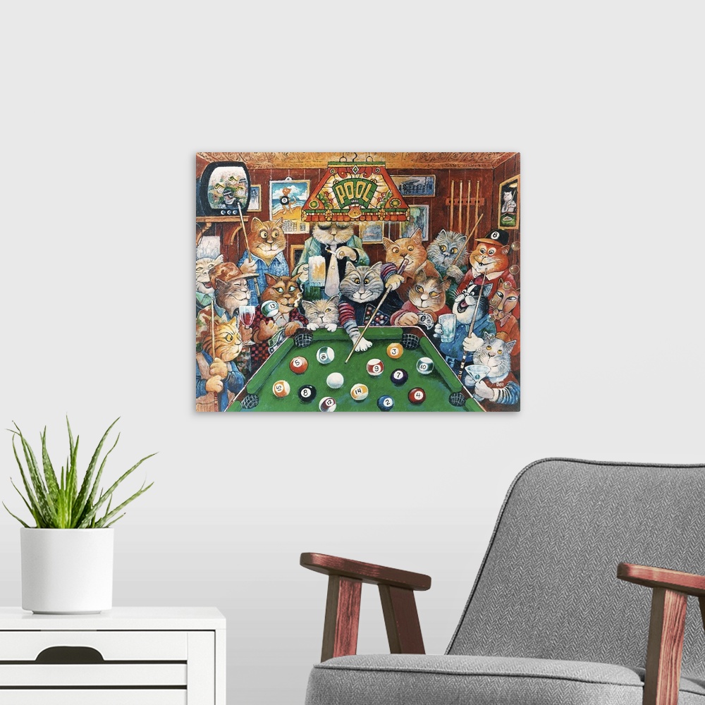 A modern room featuring Cats playing pool.