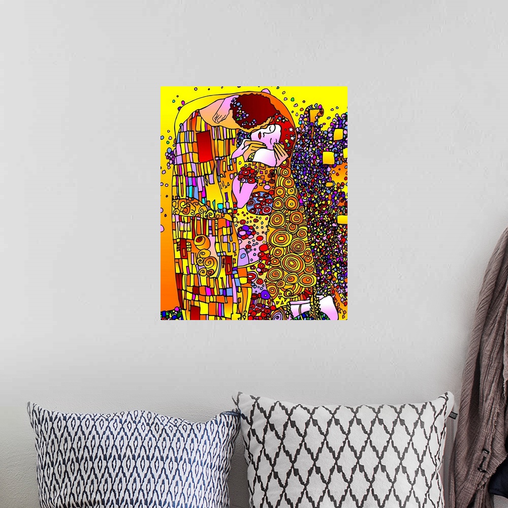 A bohemian room featuring Digitally painted version of Gustav Klimt's "The Kiss" in a pop art style.