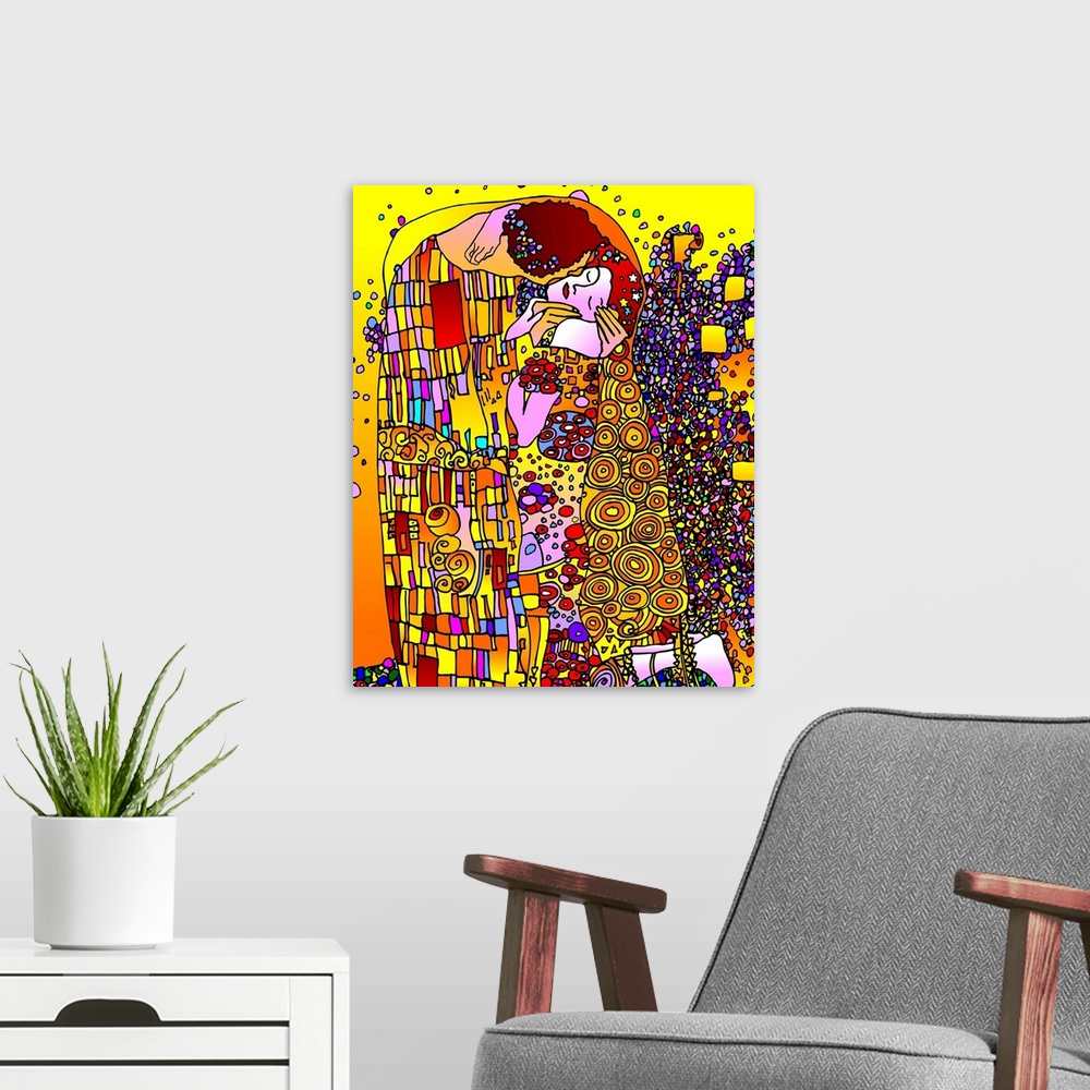 A modern room featuring Digitally painted version of Gustav Klimt's "The Kiss" in a pop art style.