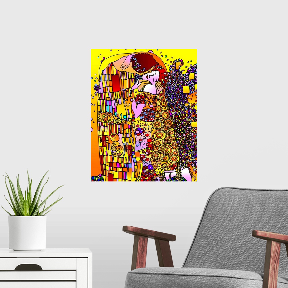 A modern room featuring Digitally painted version of Gustav Klimt's "The Kiss" in a pop art style.