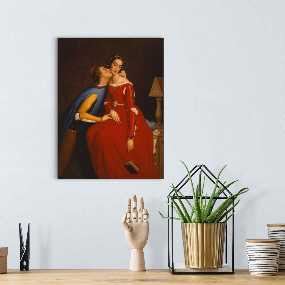 A bohemian room featuring Contemporary painting of a renaissance couple kissing.