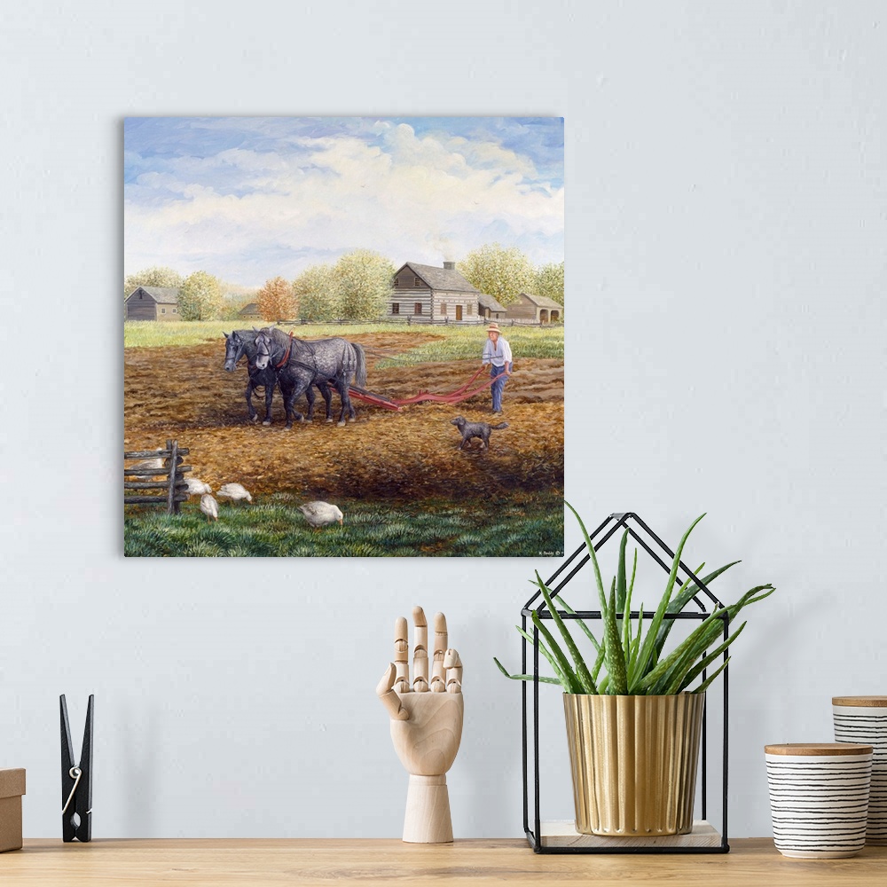 A bohemian room featuring Contemporary artwork of a farmer plowing the land with his horses.