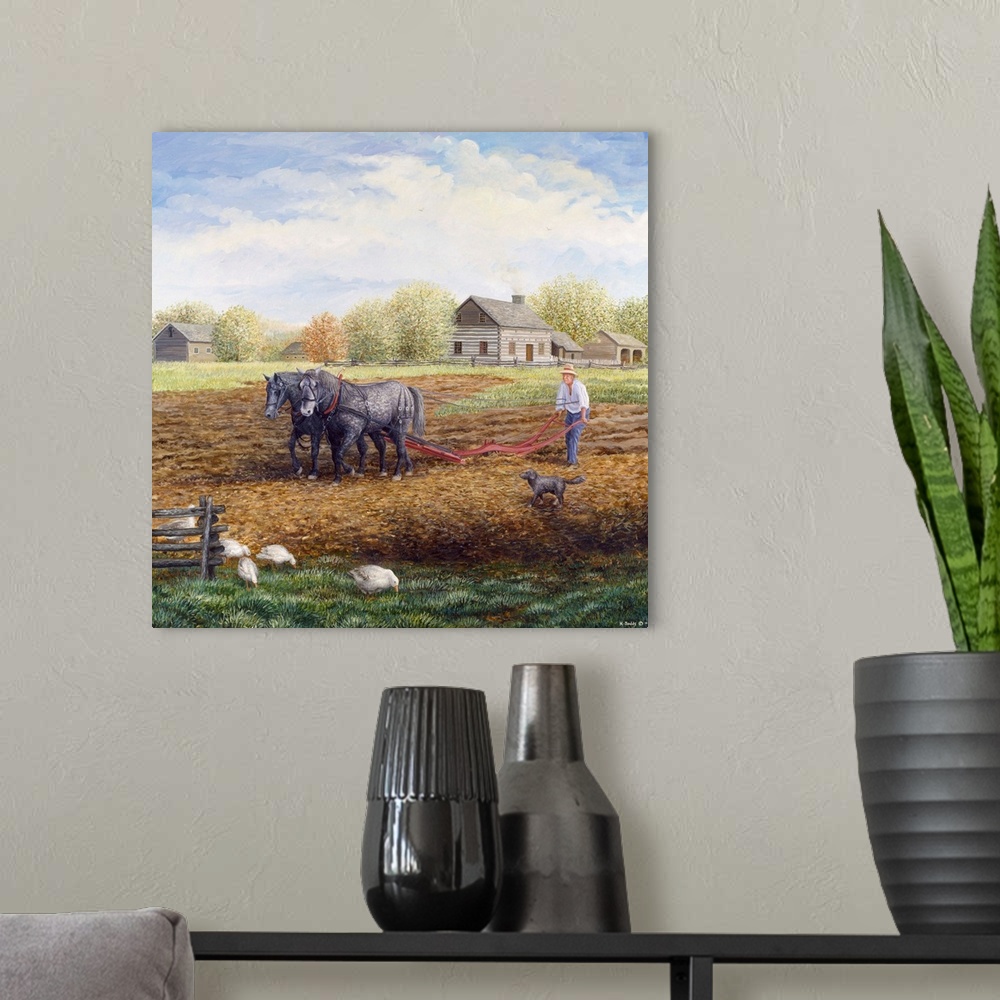 A modern room featuring Contemporary artwork of a farmer plowing the land with his horses.