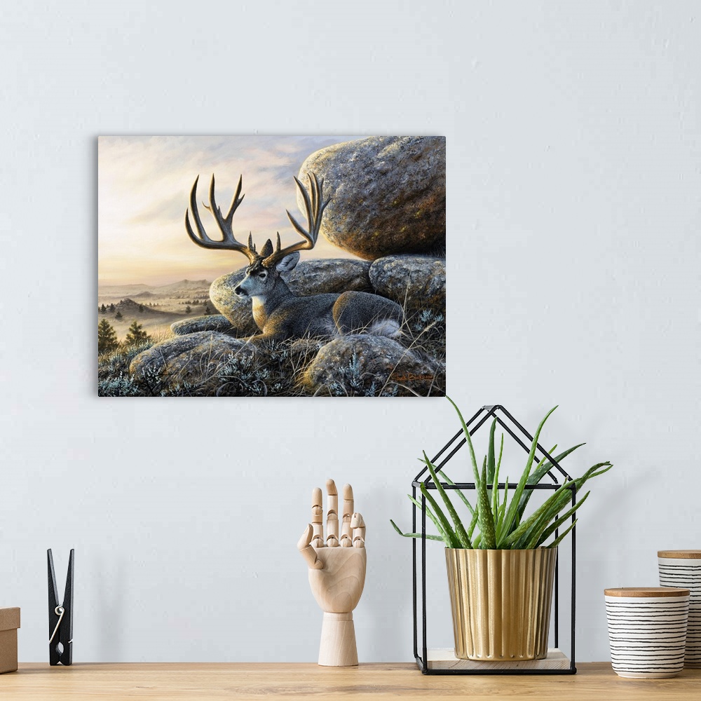 A bohemian room featuring Contemporary wildlife painting of a buck with large antlers resting next to large boulders.