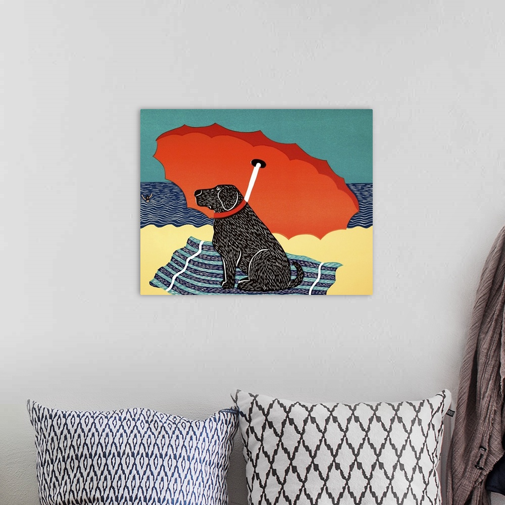 A bohemian room featuring Illustration of a black lab sitting on under a beach umbrella at the beach watching his owner swim.