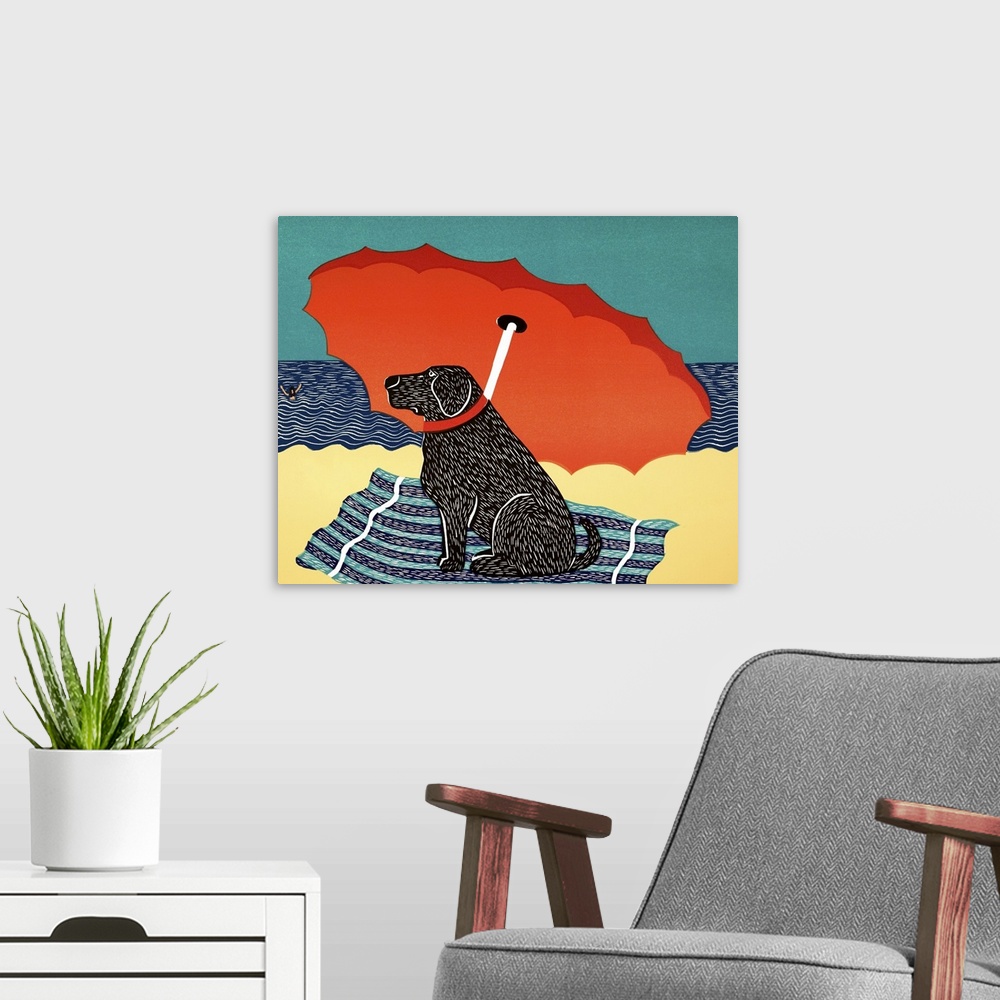 A modern room featuring Illustration of a black lab sitting on under a beach umbrella at the beach watching his owner swim.