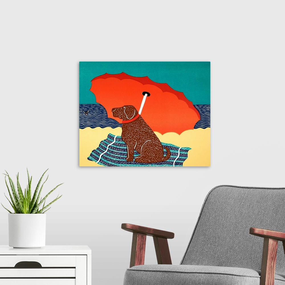 A modern room featuring Illustration of a chocolate lab sitting on under a beach umbrella at the beach watching his owner...