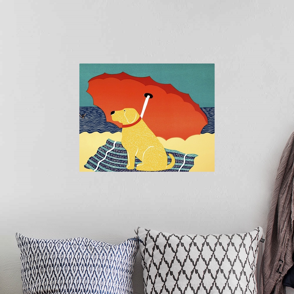 A bohemian room featuring Illustration of a yellow lab sitting on under a beach umbrella at the beach watching his owner swim.