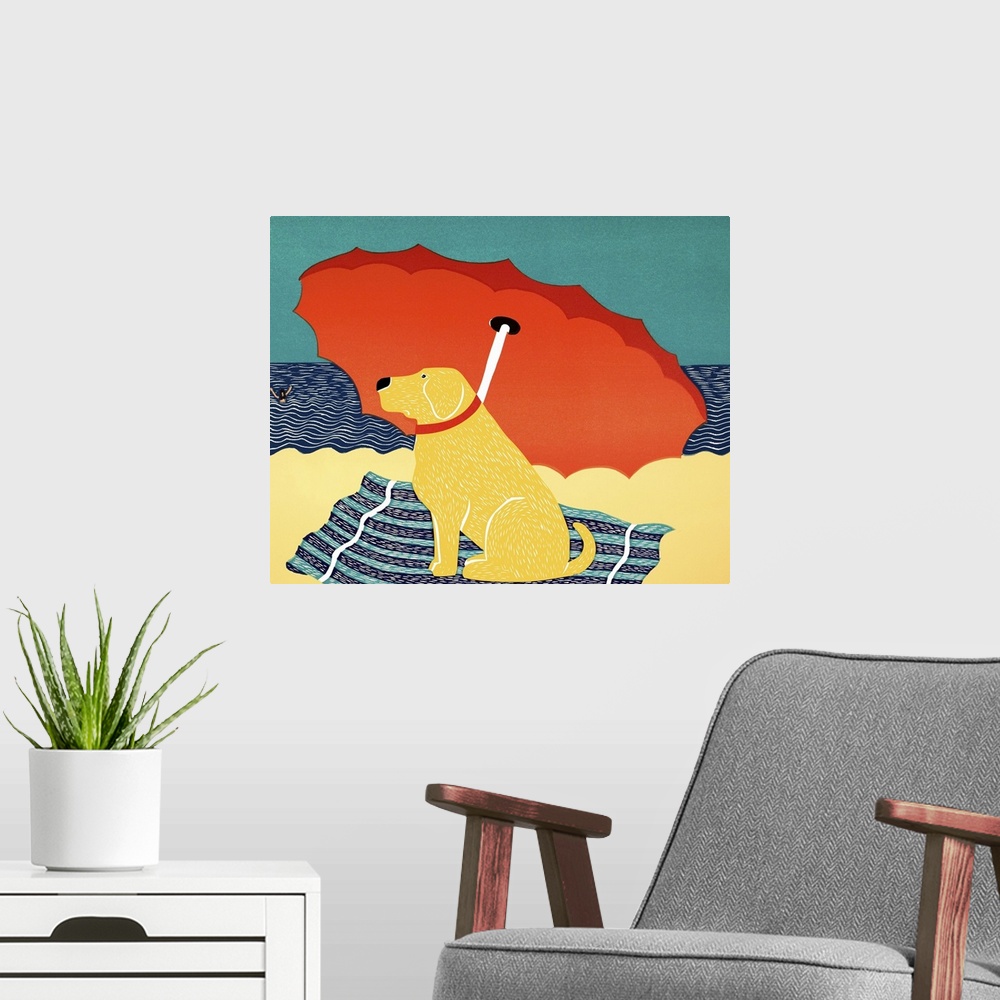 A modern room featuring Illustration of a yellow lab sitting on under a beach umbrella at the beach watching his owner swim.