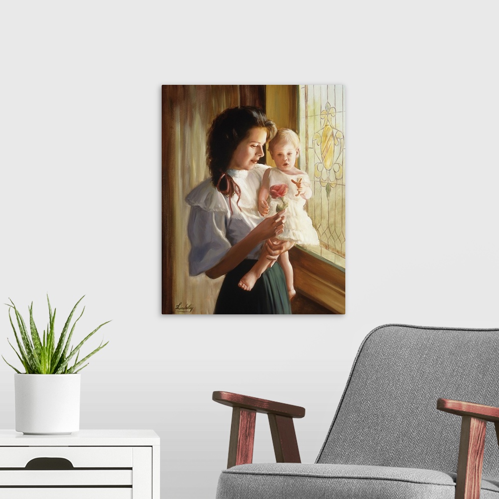 A modern room featuring Mother holding her baby and showing her a rose.