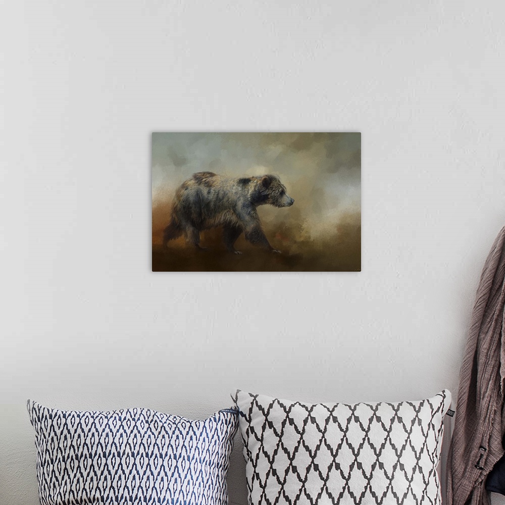 A bohemian room featuring A fine art photograph of a brown bear walking in the mist.