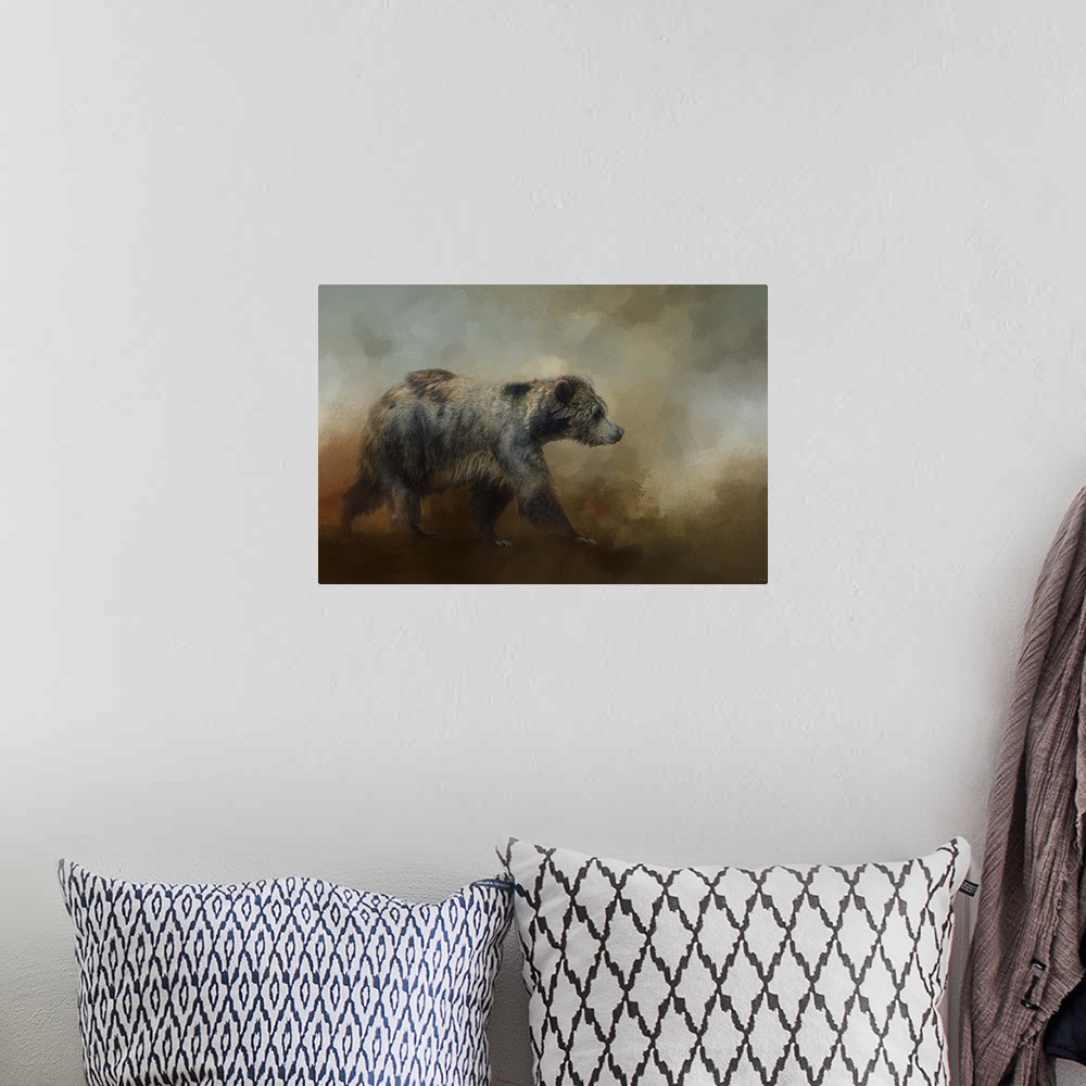 A bohemian room featuring A fine art photograph of a brown bear walking in the mist.