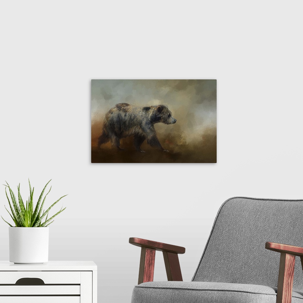 A modern room featuring A fine art photograph of a brown bear walking in the mist.