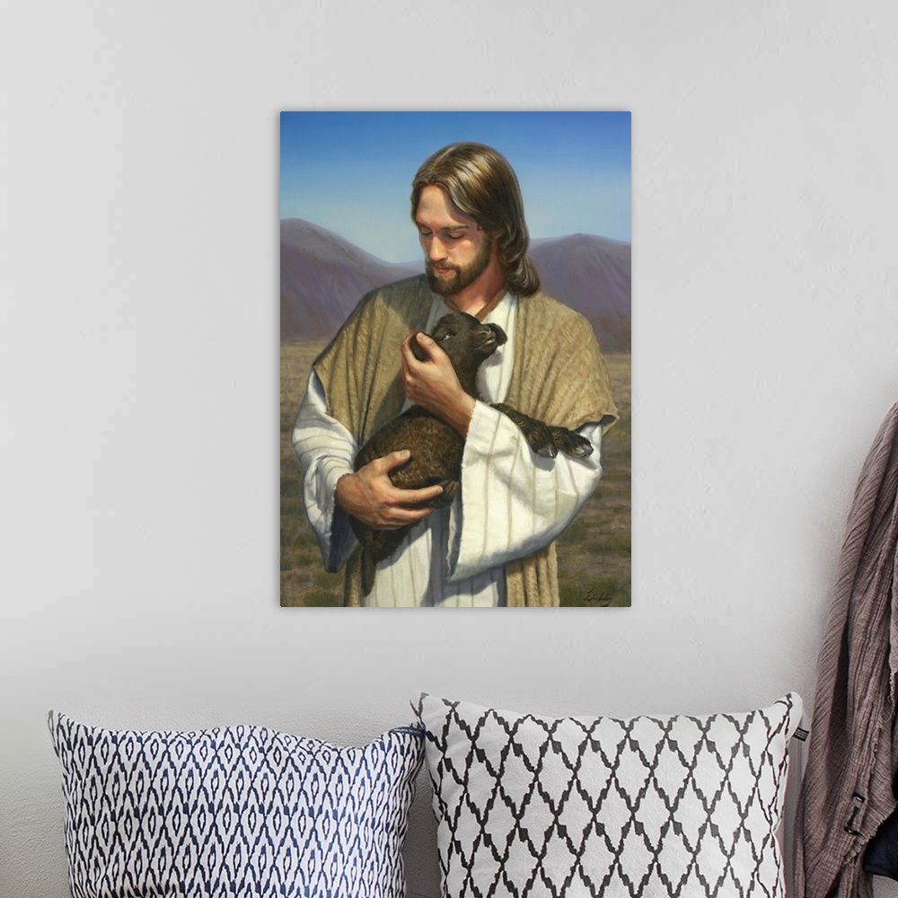 A bohemian room featuring Jesus holding a small black lamb.