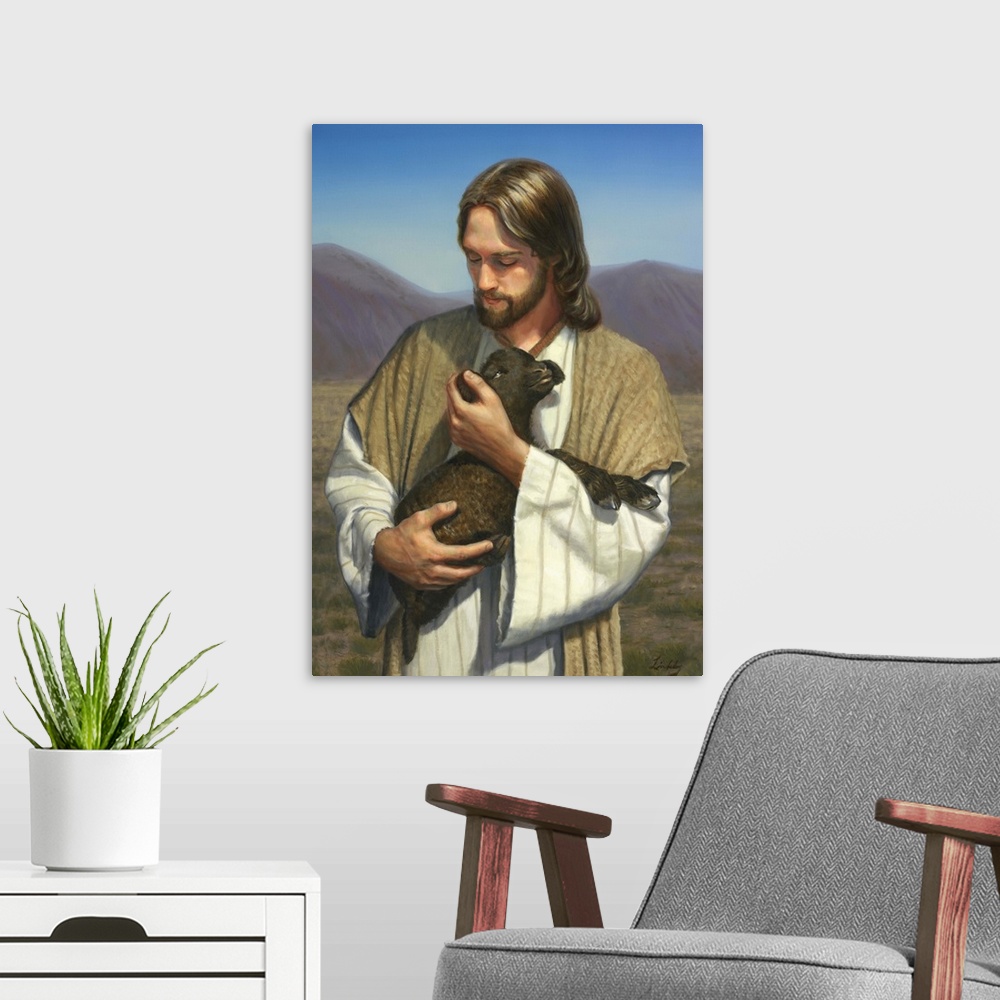 A modern room featuring Jesus holding a small black lamb.