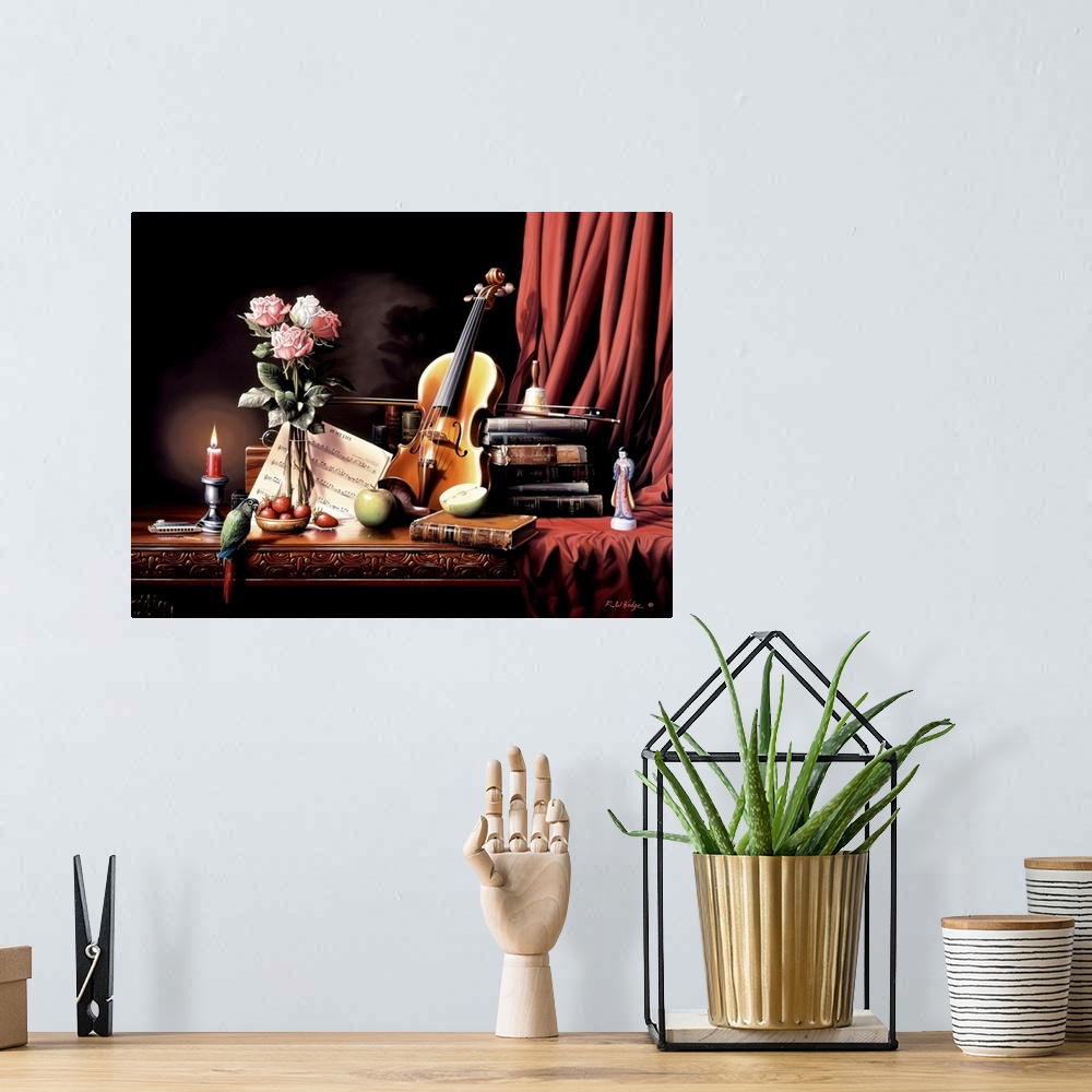 A bohemian room featuring Contemporary still life painting of a violin, flowers in a vase, and books.