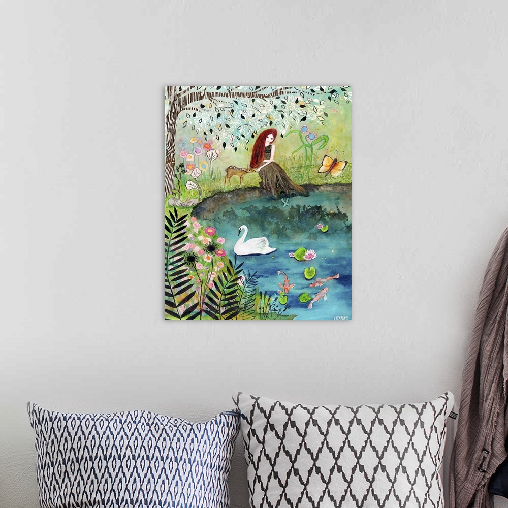 A bohemian room featuring A woman sitting beside a pond with a small deer under a tree.