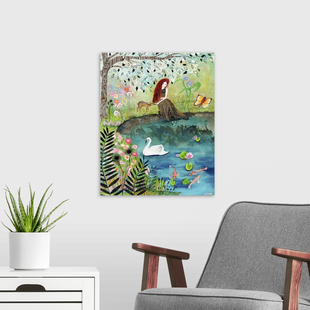 A modern room featuring A woman sitting beside a pond with a small deer under a tree.