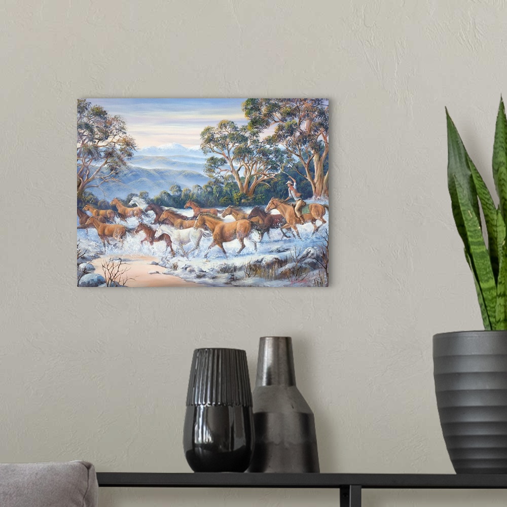 A modern room featuring Contemporary painting of a herd of horse running wildly through a river in winter.